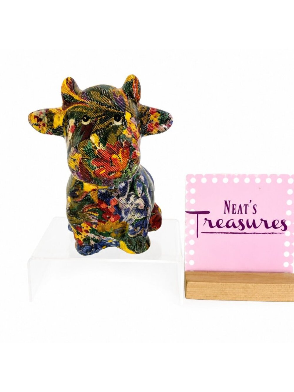 Vintage Chintz COW BULL Patchwork Deco Multicolor Floral 6" Ceramic Figurine